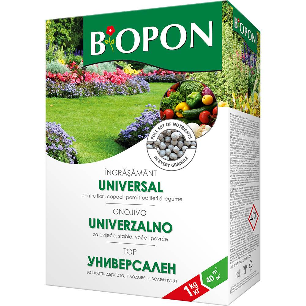 Универсален гранулиран тор BIOPON за зелени и цъфтящи растения – интензивен растеж и цъфтеж, 1 кг