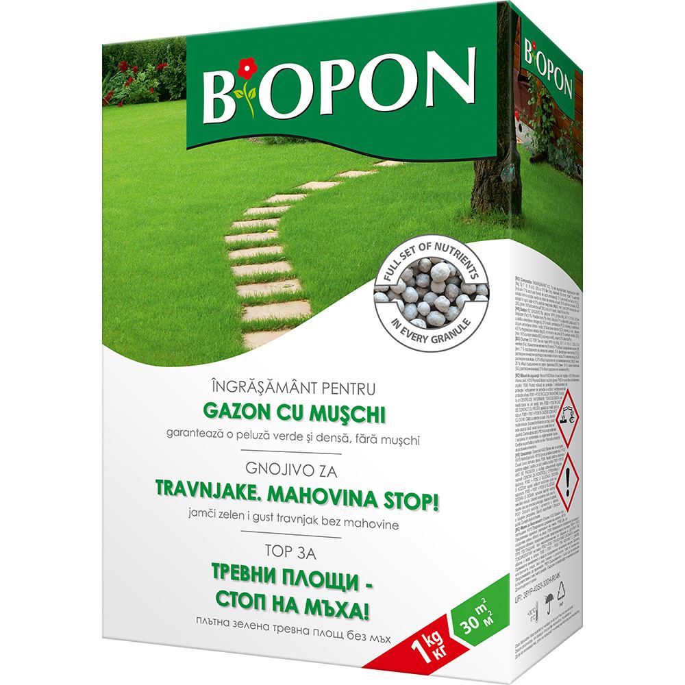 Тор BIOPON 1 кг – гранулиран тор за морава за наситено зелено и контрол на мъха