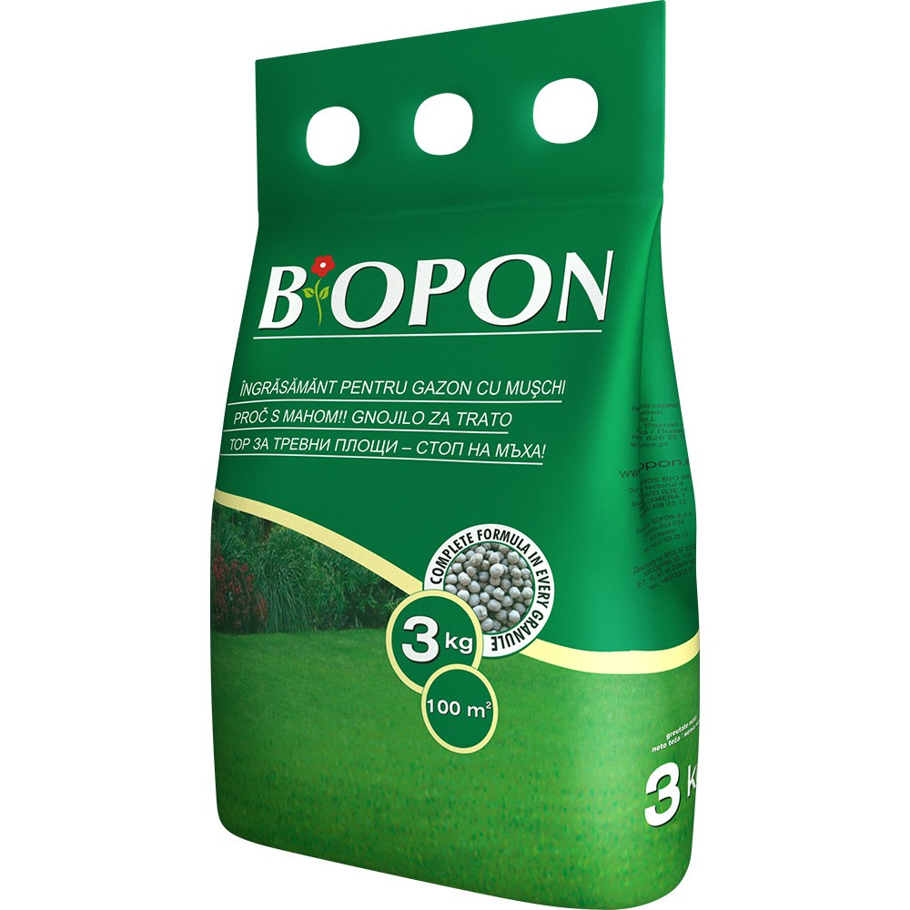 Гранулиран тор BIOPON 3 кг за тревни площи – интензивно зелено и контрол на мъха