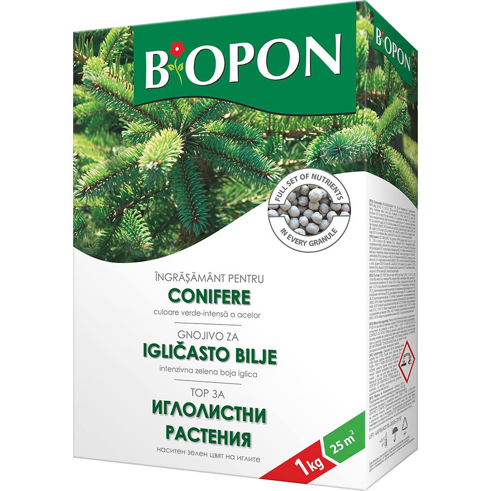 Гранулиран тор BIOPON за Иглолистни, Интензивен Цвят и Регулиране на Киселинността на Почвата, 1 kg