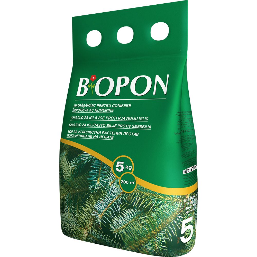 Гранулиран тор BIOPON против пожълтяване на иглите при иглолистни – интензивно зелено и бърза регенерация, 5 кг