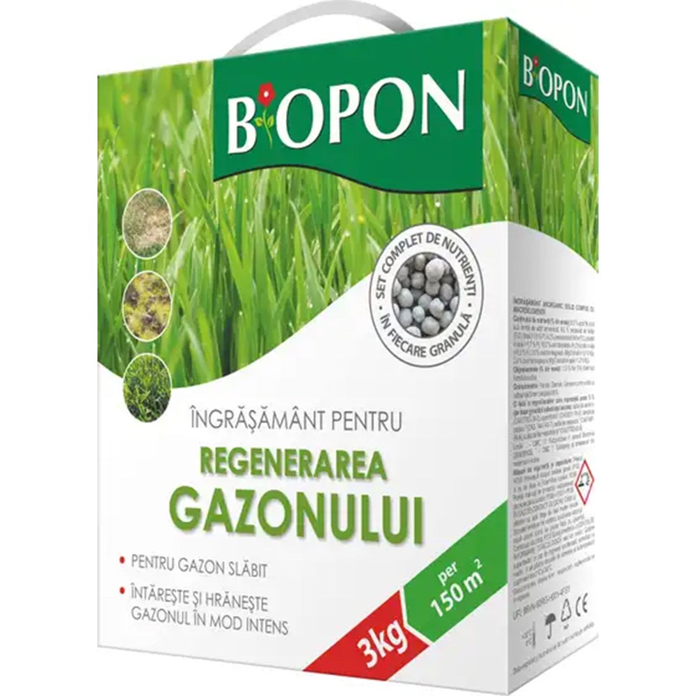 Гранулиран тор BIOPON 3 кг за регенерация на тревна морава – бърз растеж и гъста трева