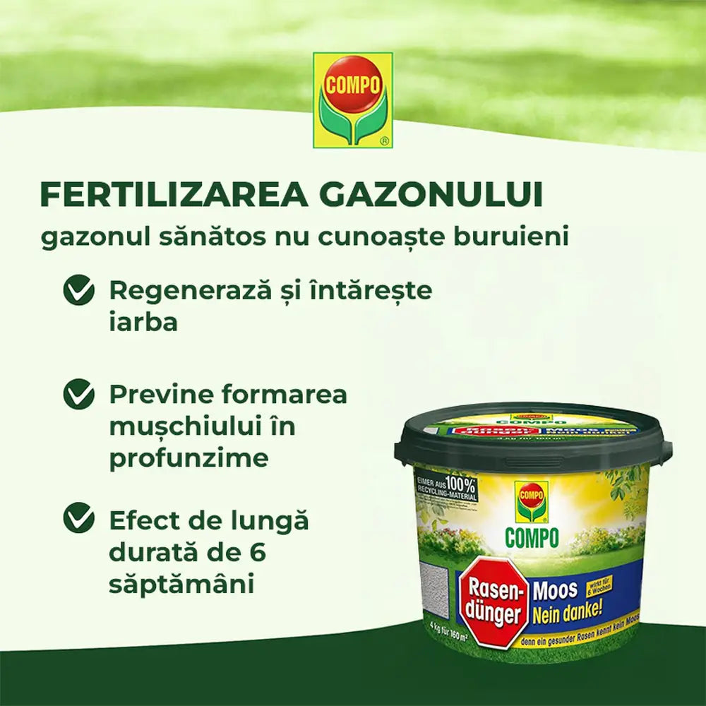Тор за Ливада Compo, 4 kg за 160 m², Против мъх, Финни гранули, Ефект 6 седмици