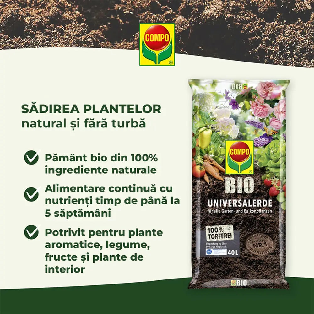 Pamant universal organic Compo pentru plante de interior legume fructe si ierburi aromatice 7.5 litri fara turba