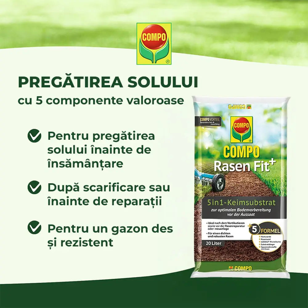 Substrat regenerare gazon COMPO Rasen Fit+ 5 in 1, 20 L pentru 10 mp, sol imbunatatit si germinare accelerata dupa scarificare sau aerare