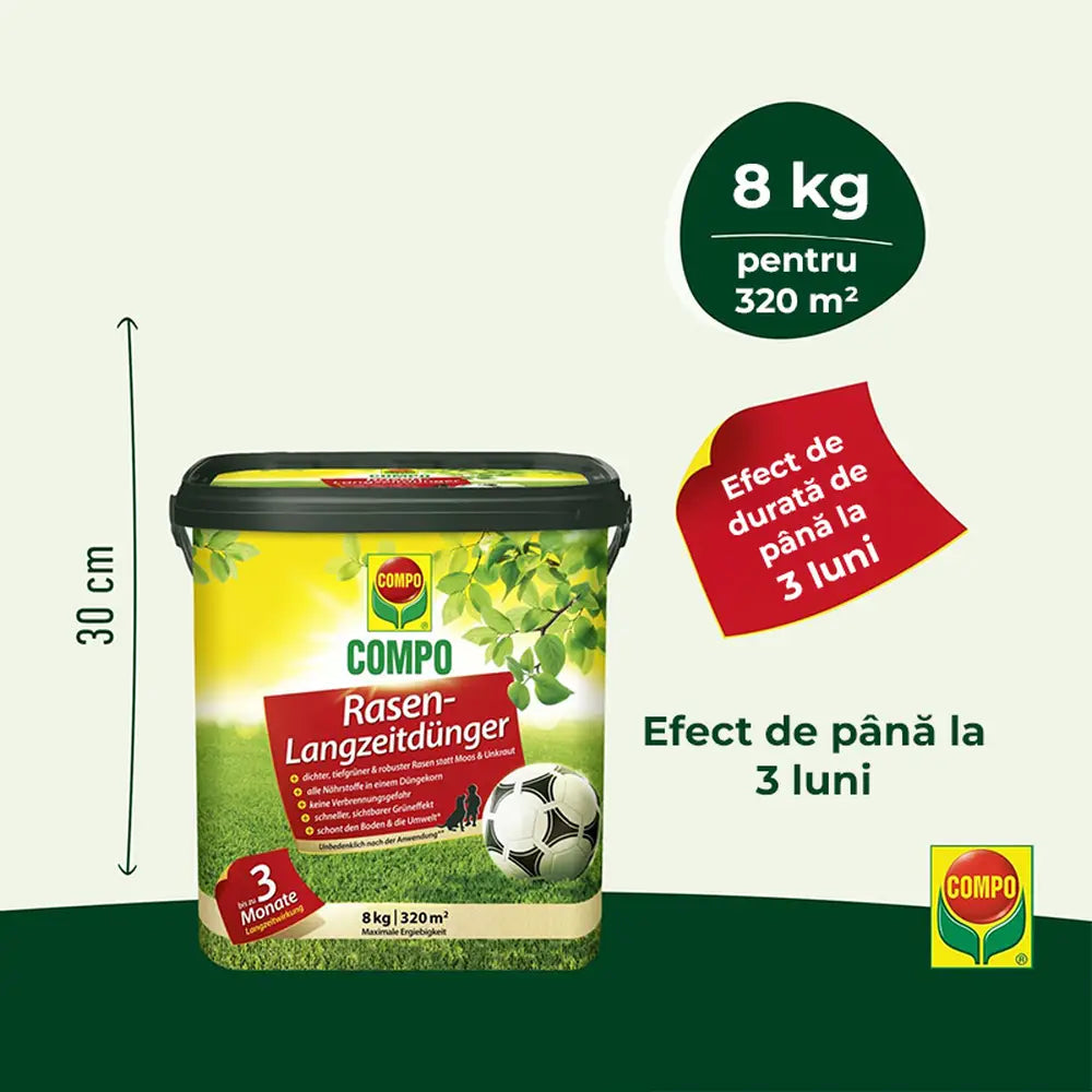 Ingrasamant gazon Compo, 8 kg pentru 320 mp, efect de 3 luni, granule fine