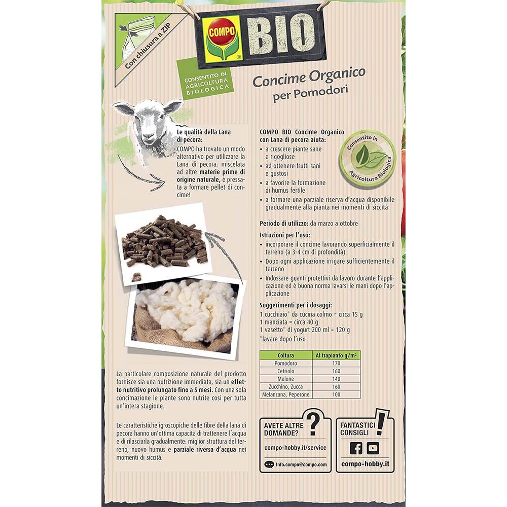 Ingrasamant organic COMPO pentru rosii si legume, cu lana de oaie, eliberare lenta 5 luni, 750 g