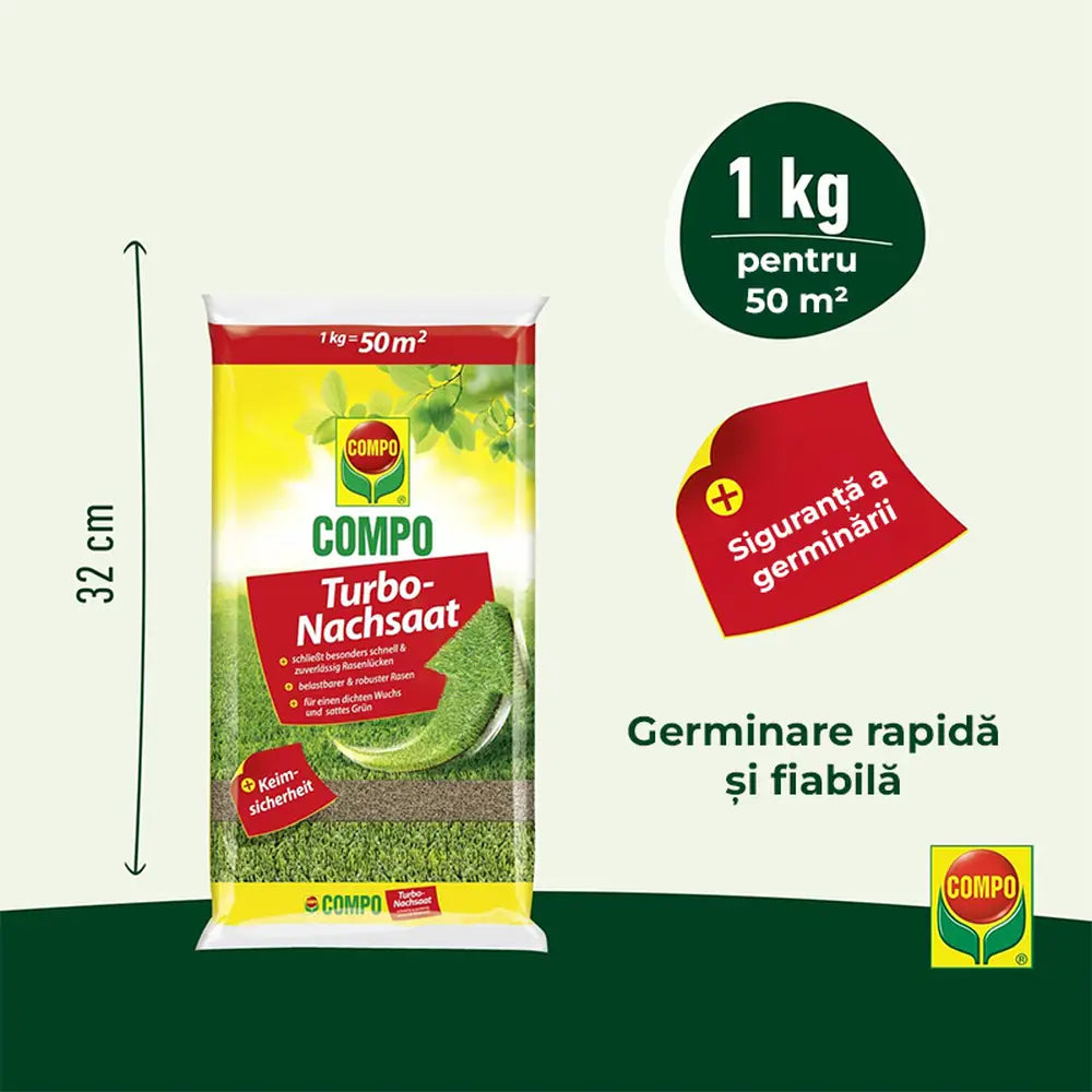 Compo turbo reseeding seminte gazon, 1 kg pentru 50 mp, regenerare rapida, amestec premium cu germinare rapida si siguranta ridicata