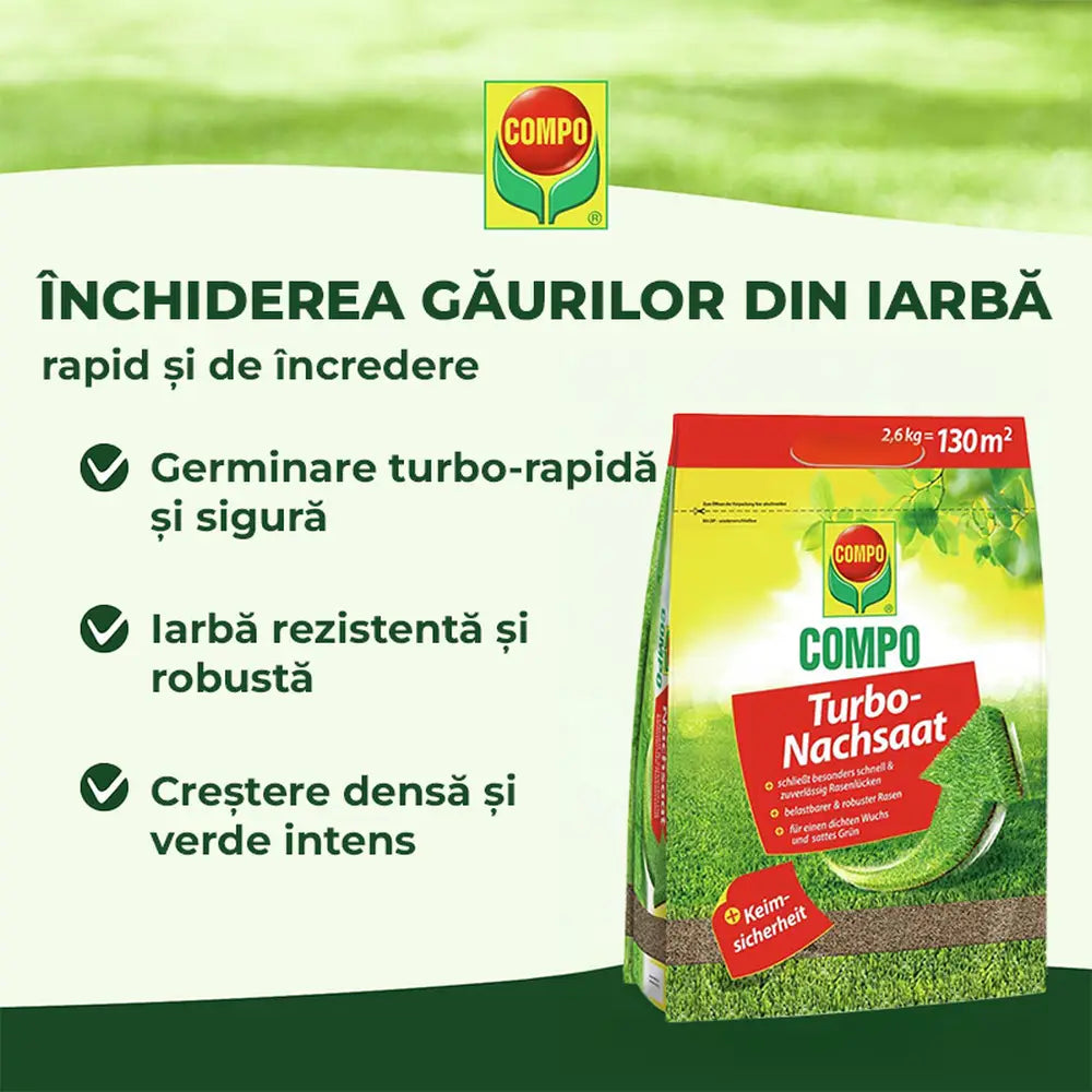 Compo turbo reseeding seminte gazon, 1 kg pentru 50 mp, regenerare rapida, amestec premium cu germinare rapida si siguranta ridicata