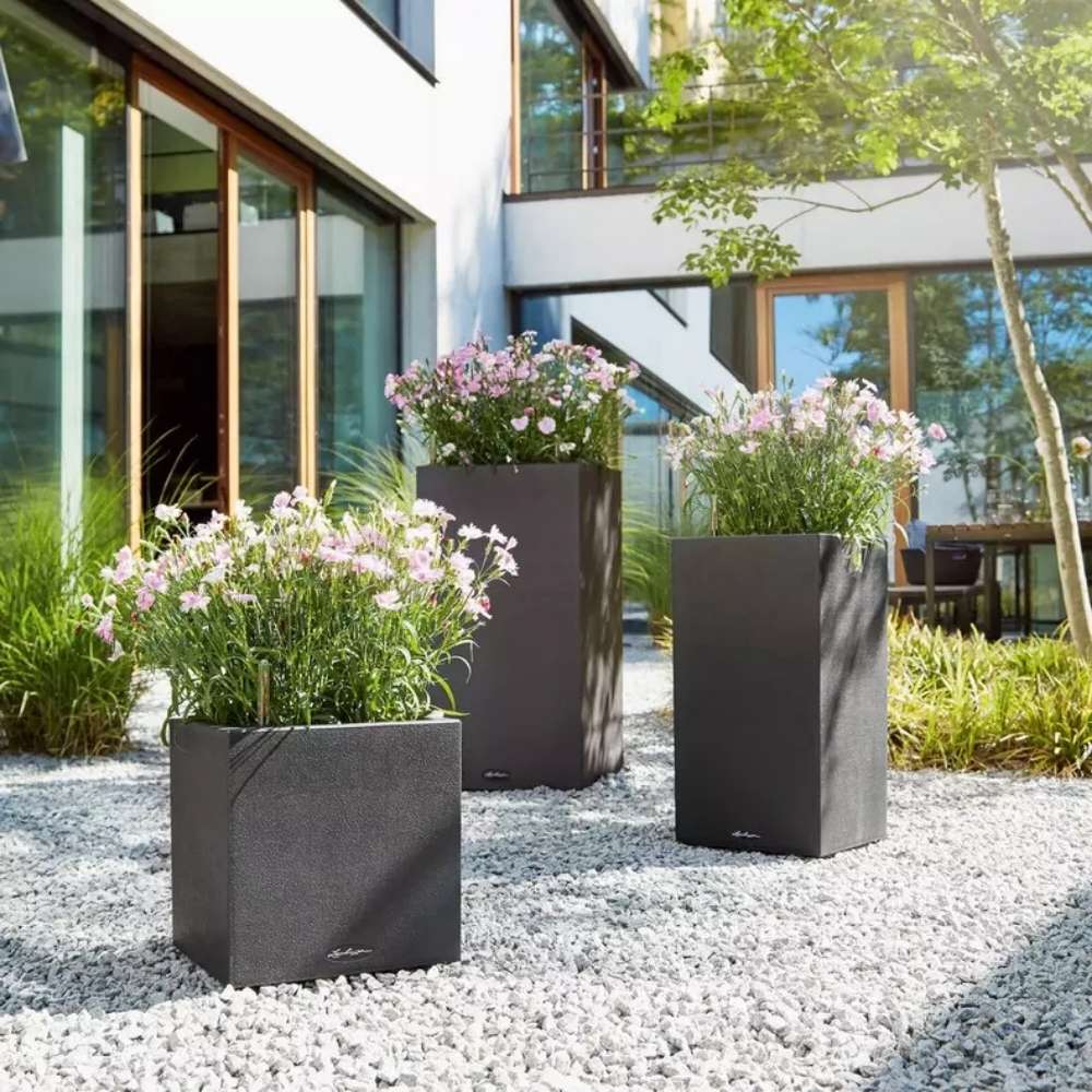 Ghiveci Auto-Irigant Lechuza Canto Stone High 30, 12 l, efect piatra neagra, sistem de autoirigare, insert detasabil, strat de drenaj