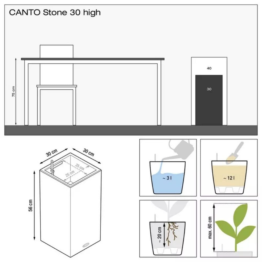 Ghiveci Auto-Irigant Lechuza Canto Stone High 30, 12 l, efect piatra alba, sistem de autoirigare, insert detasabil, strat de drenaj