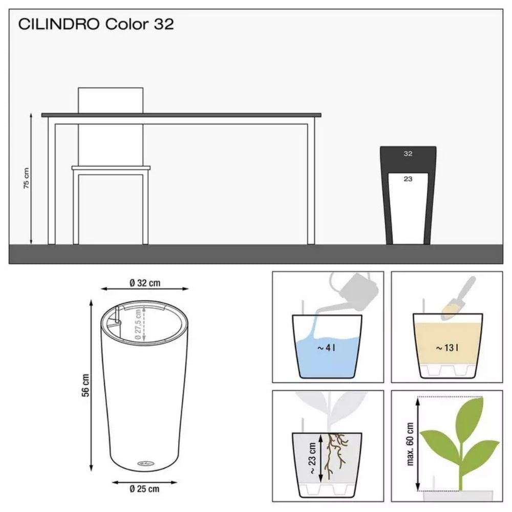 Ghiveci Auto-Irigant Lechuza Cilindro Color 32, 13 l, bej mat, sistem de autoirigare, insert detasabil, strat de drenaj