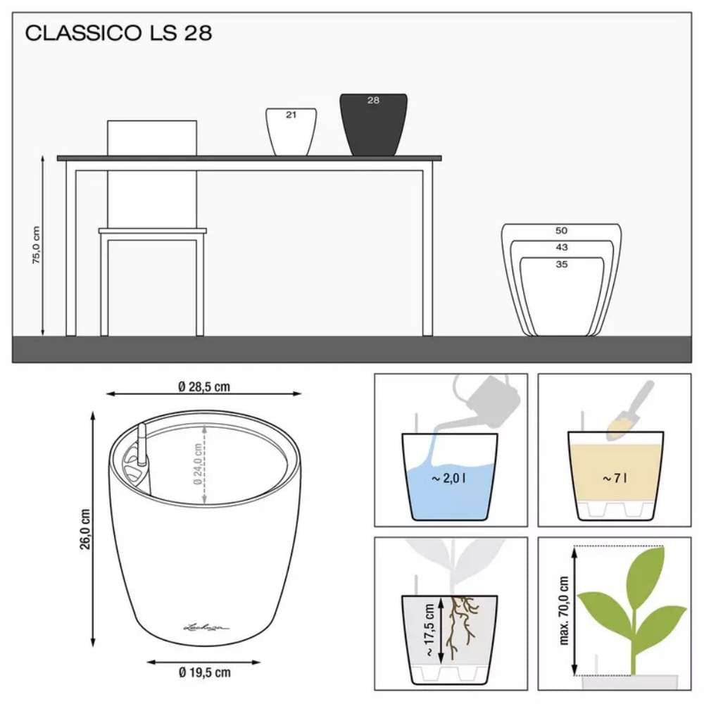 Ghiveci Auto-Irigant Lechuza Classico Premium 28 LS, 7 l, negru lucios, sistem de autoirigare, insert detasabil, strat de drenaj