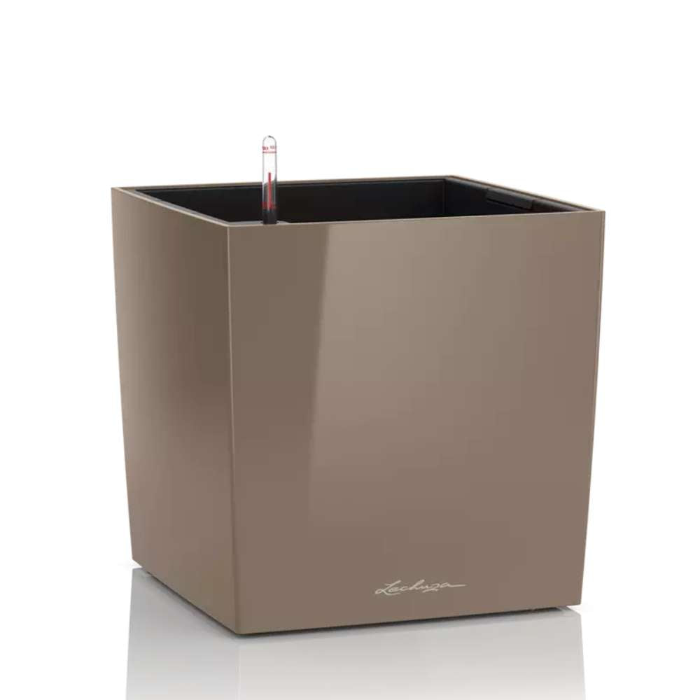 Ghiveci Auto-Irigant Lechuza Cube Premium 30, 12 l, bej lucios, sistem de autoirigare, insert detasabil, strat de drenaj