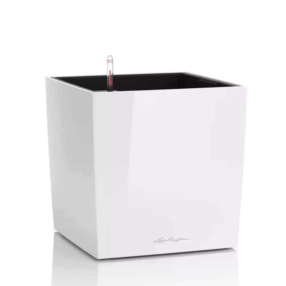 Ghiveci Auto-Irigant Lechuza Cube Premium 30, 12 l, alb lucios, sistem de autoirigare, insert detasabil, strat de drenaj