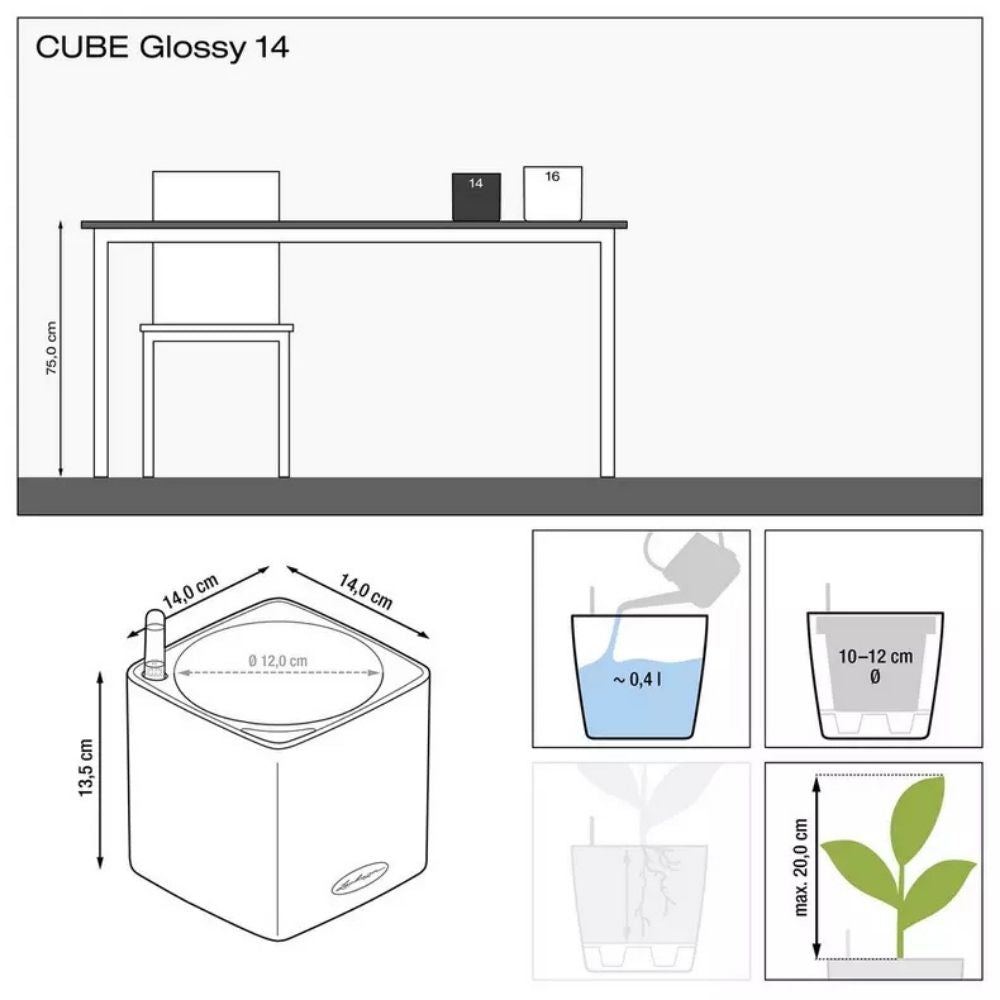 Ghiveci Auto-Irigant Lechuza Cube Glossy 14, rosu lucios, pentru plante cu ghiveci, sistem de autoirigare, insert detasabil, strat de drenaj