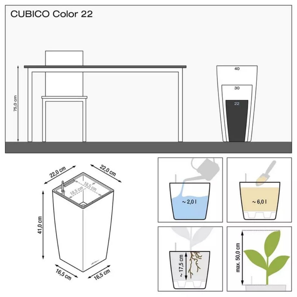 Ghiveci Auto-Irigant Lechuza Cubico Color 22, 6 l, negru mat, sistem de autoirigare, insert detasabil, strat de drenaj