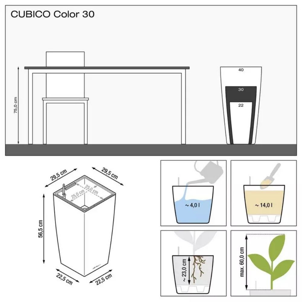 Ghiveci Auto-Irigant Lechuza Cubico Color 30, 14 l, negru mat, sistem de autoirigare, insert detasabil, strat de drenaj