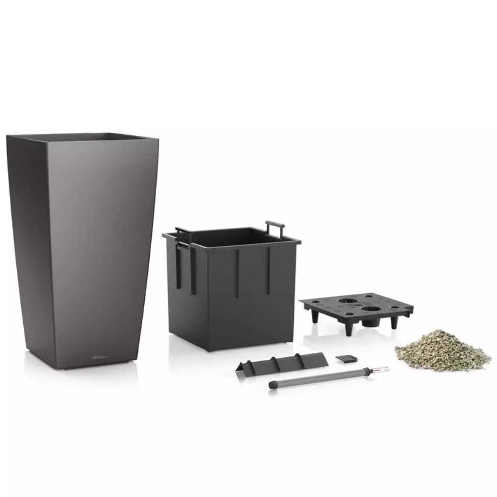 Ghiveci Auto-Irigant Lechuza Cubico Premium 30, 14 l, negru lucios, sistem de autoirigare, insert detasabil, strat de drenaj