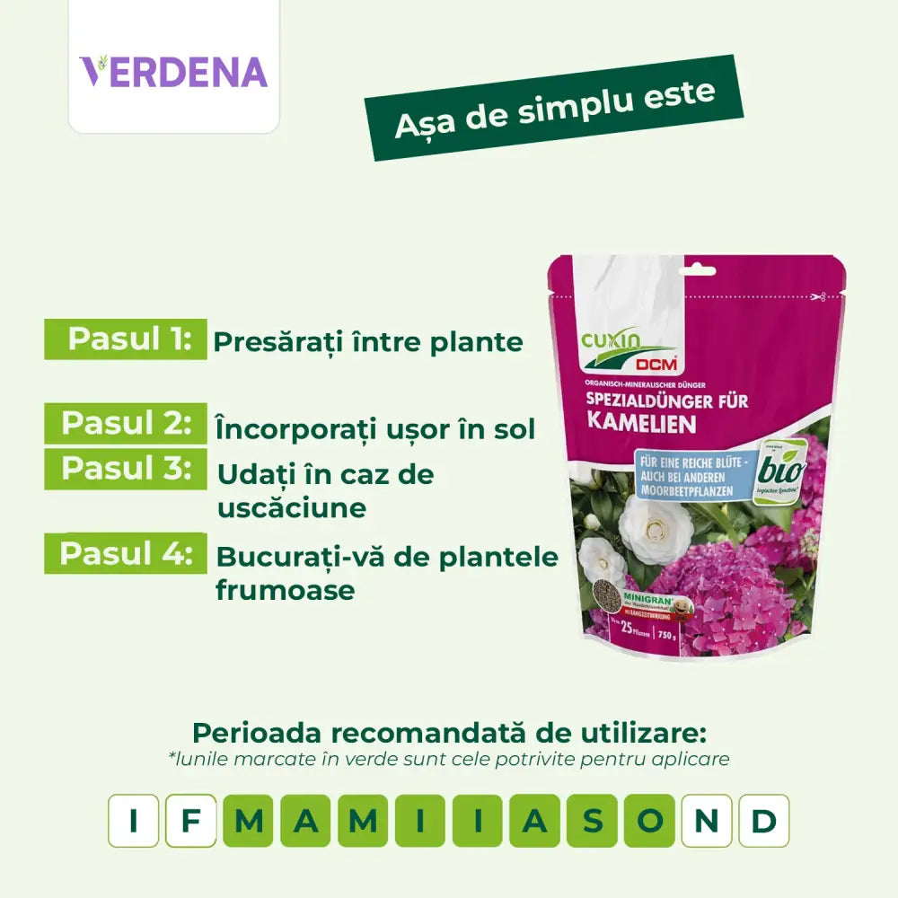 Ingrasamant granulat Minigran pentru Camelii, Trandafiri Japonezi, crestere sanatoasa, eliberare lenta a nutrientilor, 750 g, CUXIN DCM