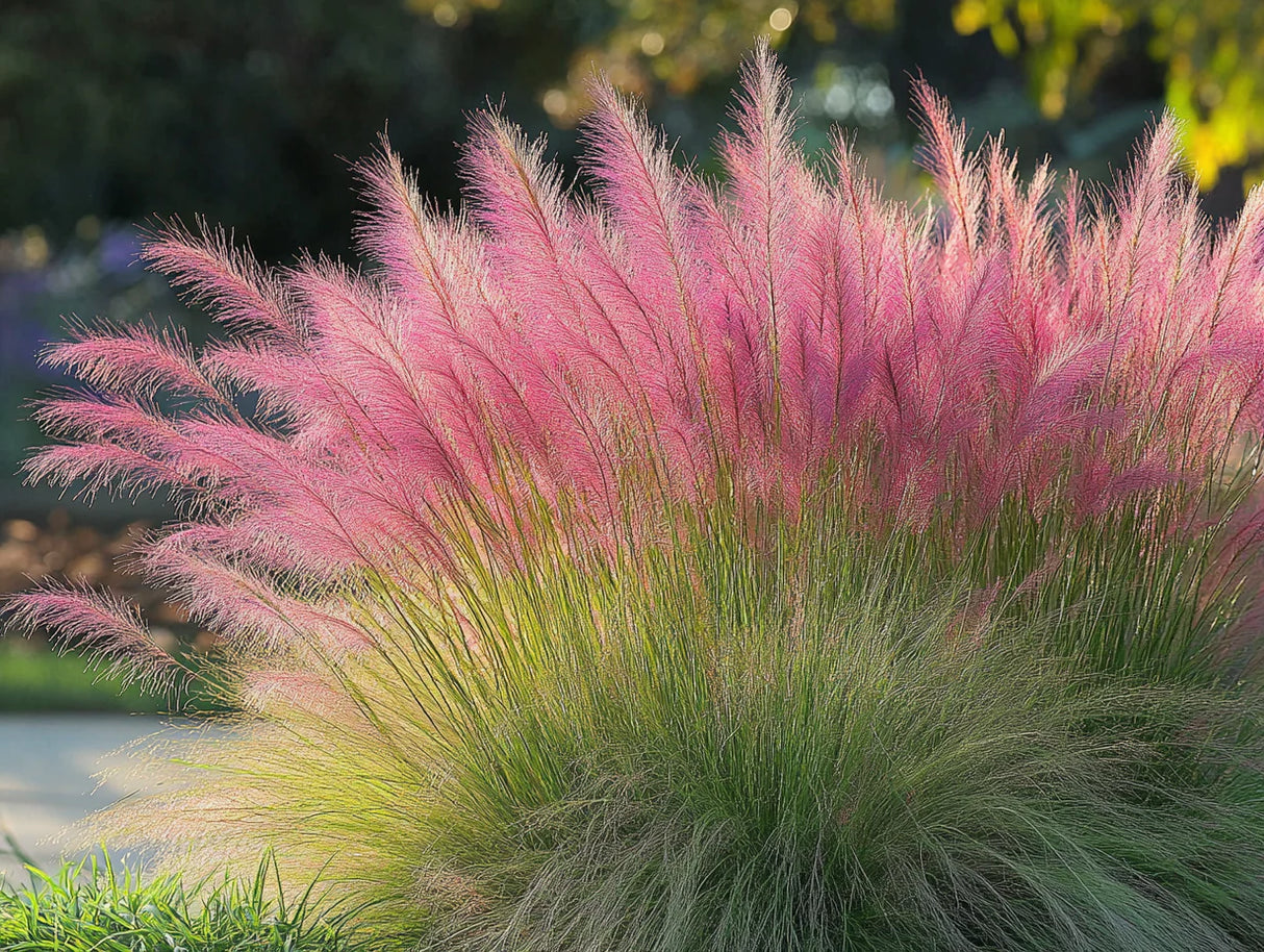 Iarba Decorativa roz-purpuriu Texas (Muhlenbergia Capillaris), iarba cu flori roz spectaculoase, perena, tolereaza seceta