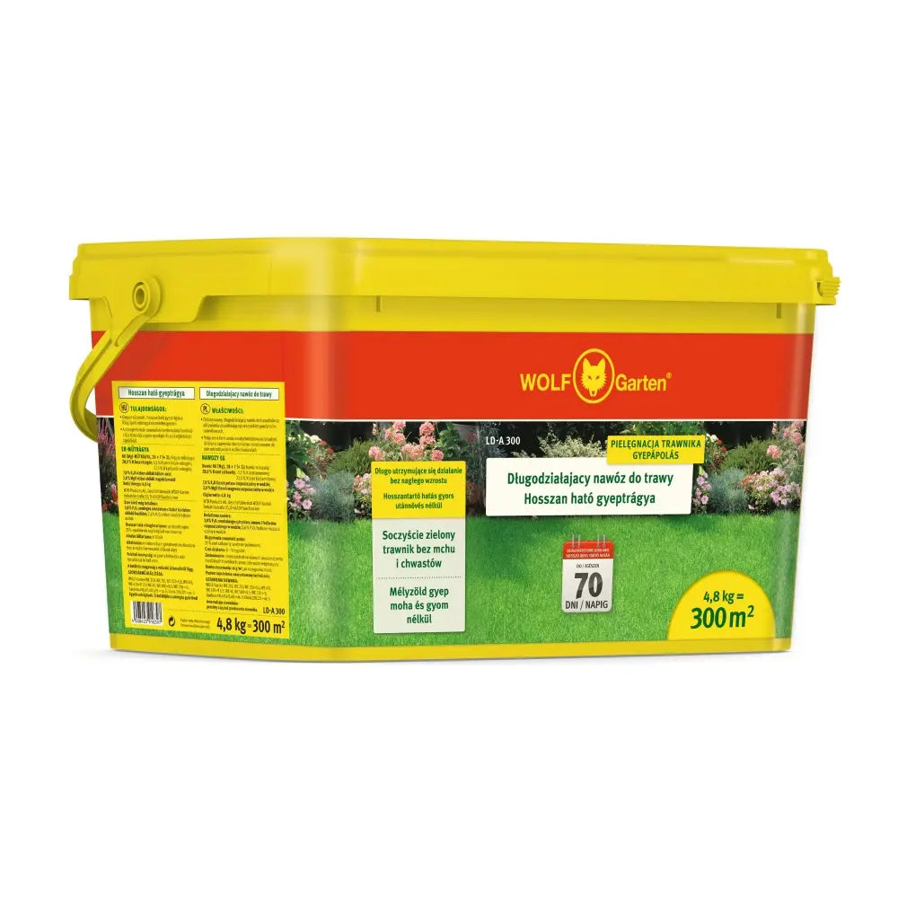Ливаден тор с бавно освобождаване Wolf Garten, 4.8 kg за 300 m², Продължително действие до 120 дни, Равномерен растеж без стрес, Плътен и здрав тревен килим