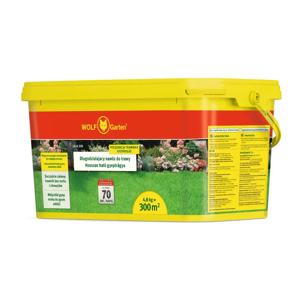 Ливаден тор с бавно освобождаване Wolf Garten, 4.8 kg за 300 m², Продължително действие до 120 дни, Равномерен растеж без стрес, Плътен и здрав тревен килим