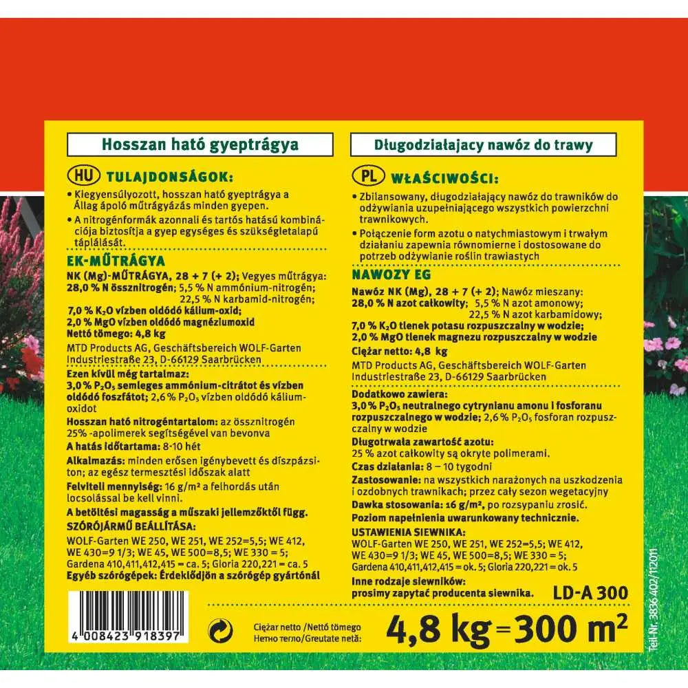 Ливаден тор с бавно освобождаване Wolf Garten, 4.8 kg за 300 m², Продължително действие до 120 дни, Равномерен растеж без стрес, Плътен и здрав тревен килим