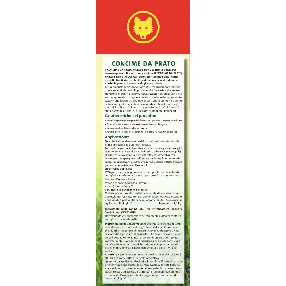Ingrasamant organic pentru gazon Wolf Garten Natura Bio, 3.4 kg pentru 50 mp, fara componente animale
