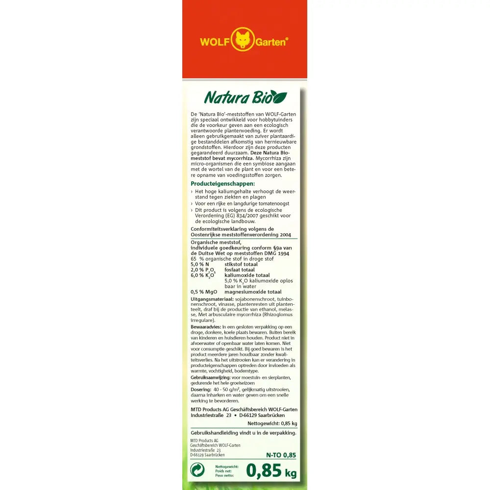 Органичен тор за Домат Wolf-Garten Natura Bio N-TO 0.85, 100% растителен, богат на калий, за 10 растения, 300 g