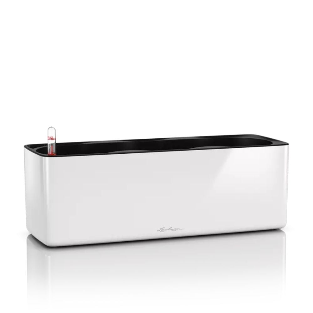 Ghiveci Auto-Irigant Lechuza Cube Glossy Triple, alb lucios, pentru plante cu ghiveci, sistem de autoirigare, insert detasabil, strat de drenaj