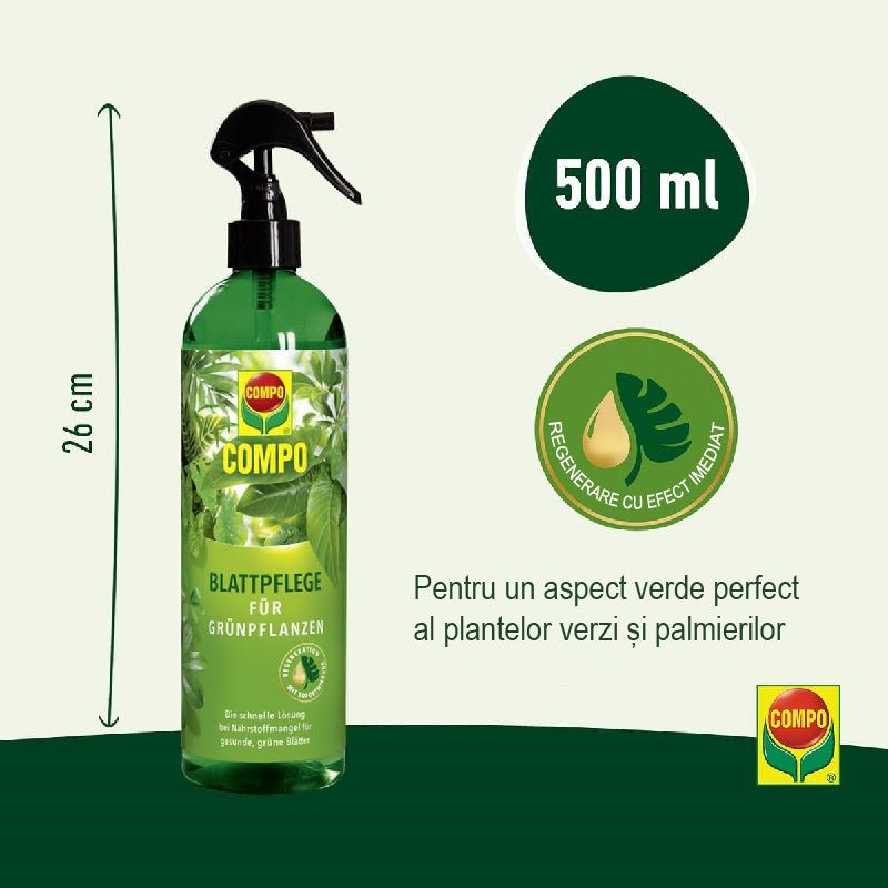 Ingrasamant Lichid pentru Ingrijirea Frunzelor Plantelor Verzi si Palmieri, 500 ml, Sticla cu Pulverizator, COMPO