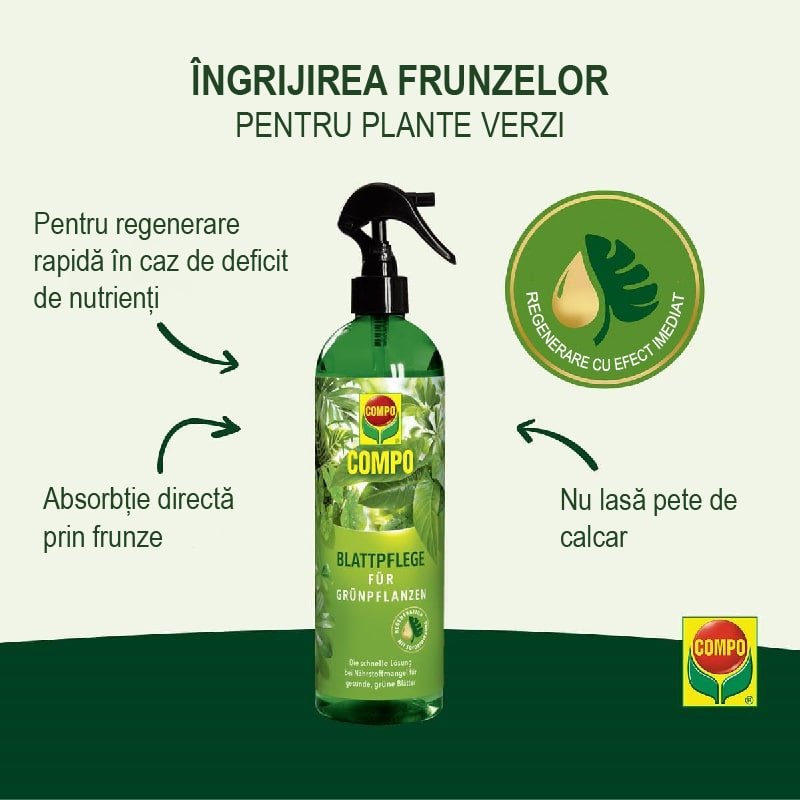 Ingrasamant Lichid pentru Ingrijirea Frunzelor Plantelor Verzi si Palmieri, 500 ml, Sticla cu Pulverizator, COMPO