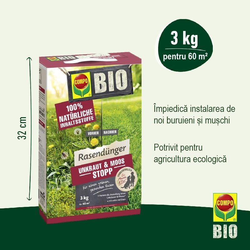 Ingrasamant Organic Granule Fine 3 kg pentru Gazon impotriva Buruienilor si a Muschiului, Ingrijire Completa, COMPO