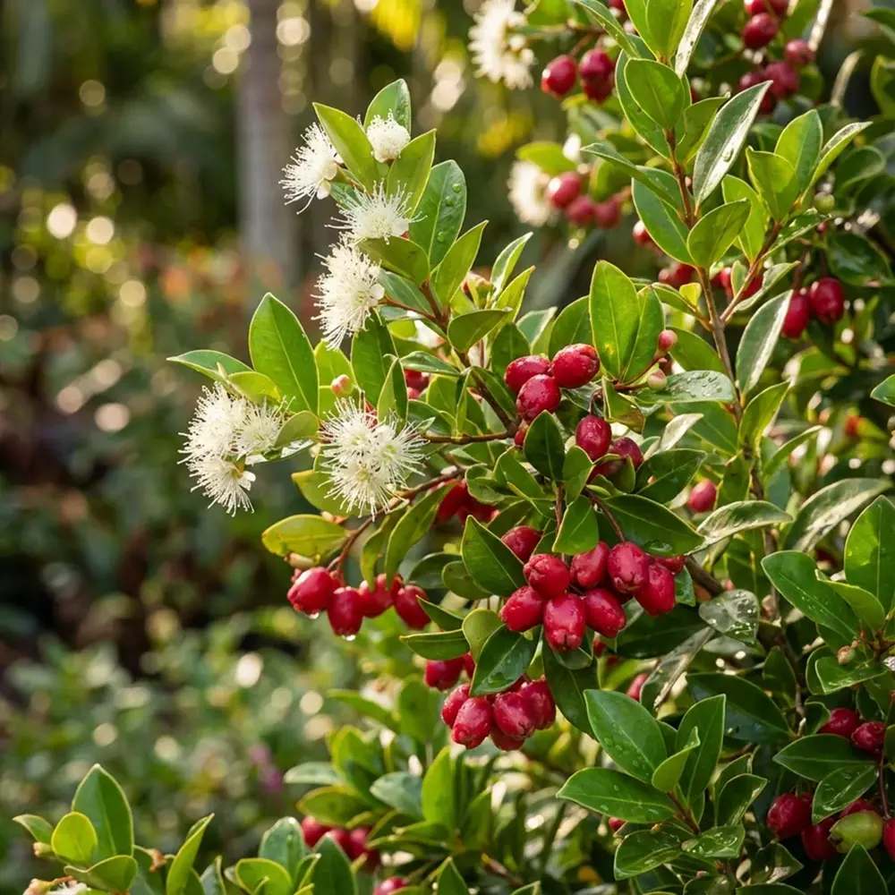 Red Lili Pili (Syzygium oleosum) – вечнозелен храст с декоративни червени листа и ядливи плодове