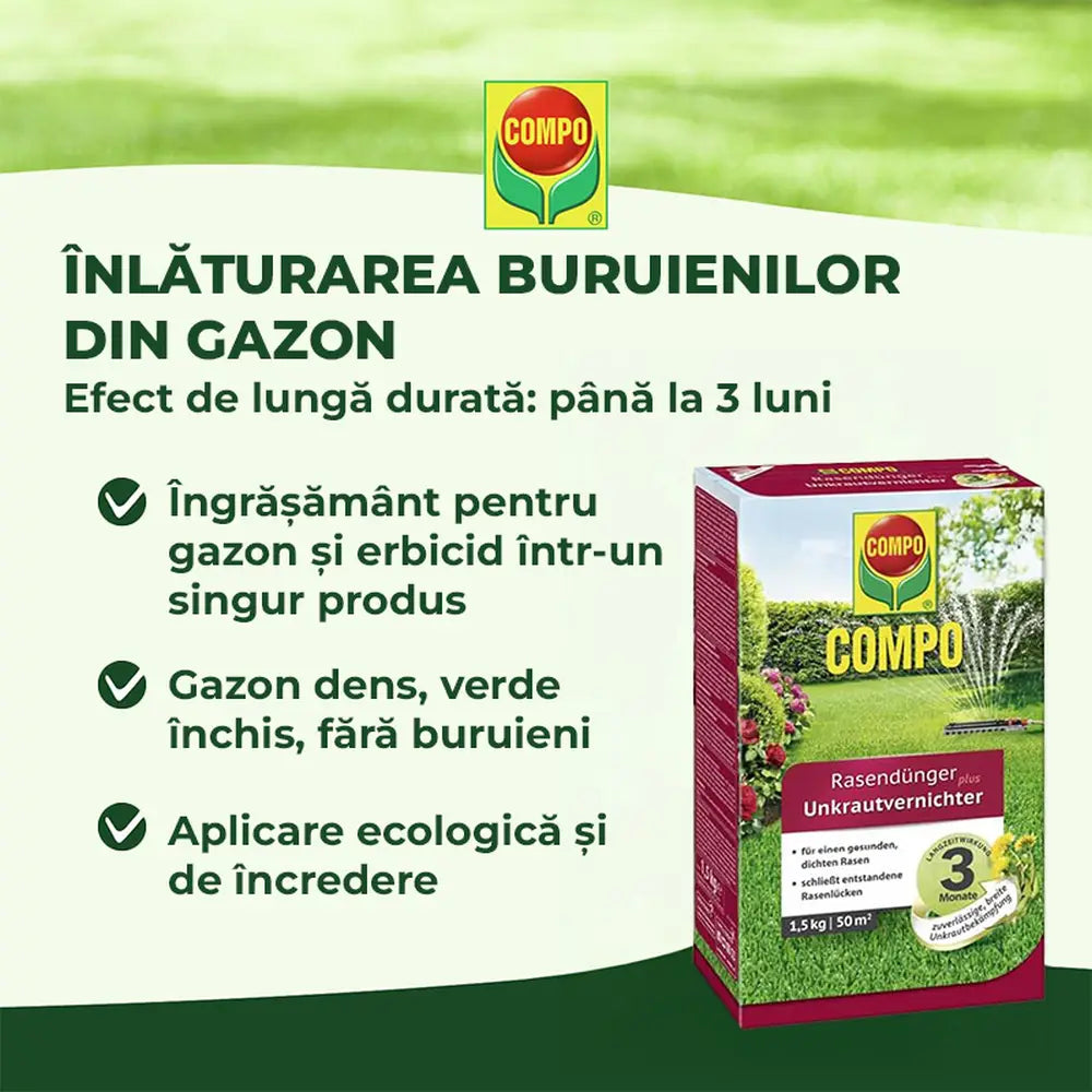Ingrasamant gazon Compo Floranid, 1.5 kg pentru 50 mp, cu erbicid 2 in 1 efect imediat si de lunga durata