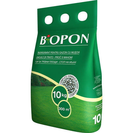 Гранулиран тор BIOPON за морава 10 кг – наситено зелено и контрол на мъха