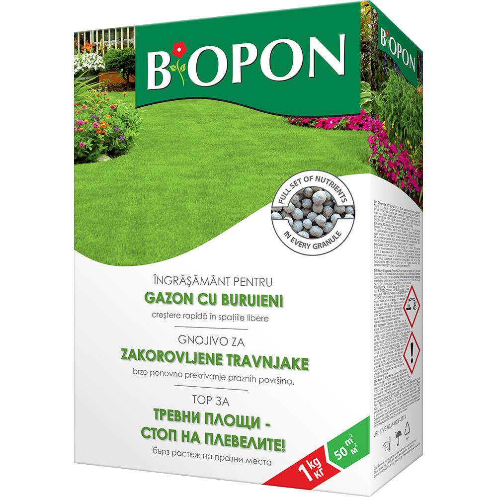 Ingrasamant granulat BIOPON pentru gazon cu control buruieni, gazon des si sanatos, 1 kg