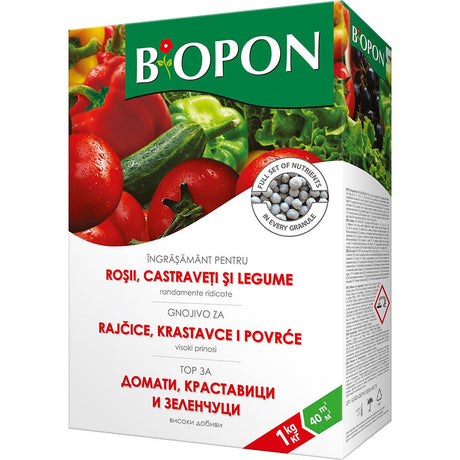 Тор на гранули BIOPON за домати, краставици и зеленчуци – богата реколта и буен растеж, 1 кг