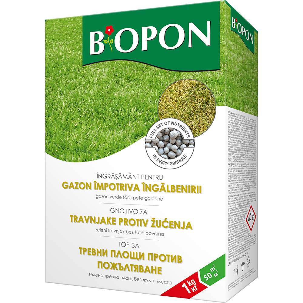 Тор гранулиран BIOPON 1 кг – против пожълтяване, за интензивно зелен и здрав тревник