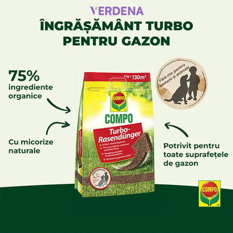 ingrasamant gazon COMPO Turbo 5 kg pentru 130 mp – gazon dens, verde si rezistent cu efect rapid si nutritie echilibrata