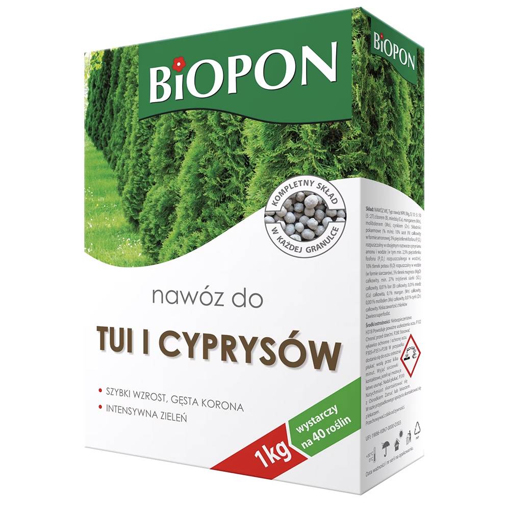 Гранулиран тор BIOPON за туя и кипариси – интензивно зелено и компактен растеж, 1 кг