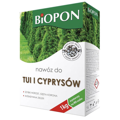 Гранулиран тор BIOPON за туя и кипариси – интензивно зелено и компактен растеж, 1 кг