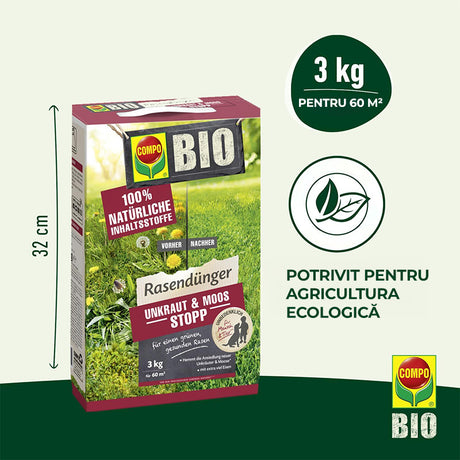 Ingrasamant Organic pentru Gazon impotriva Buruienilor si a Muschiului, 3 kg pentru 120 m², Efect de Lunga Durata, COMPO