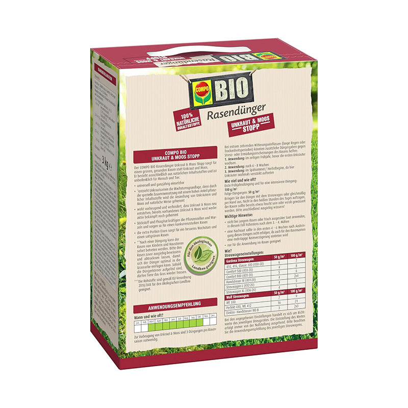 Ingrasamant Organic pentru Gazon impotriva Buruienilor si a Muschiului, 3 kg pentru 120 m², Efect de Lunga Durata, COMPO