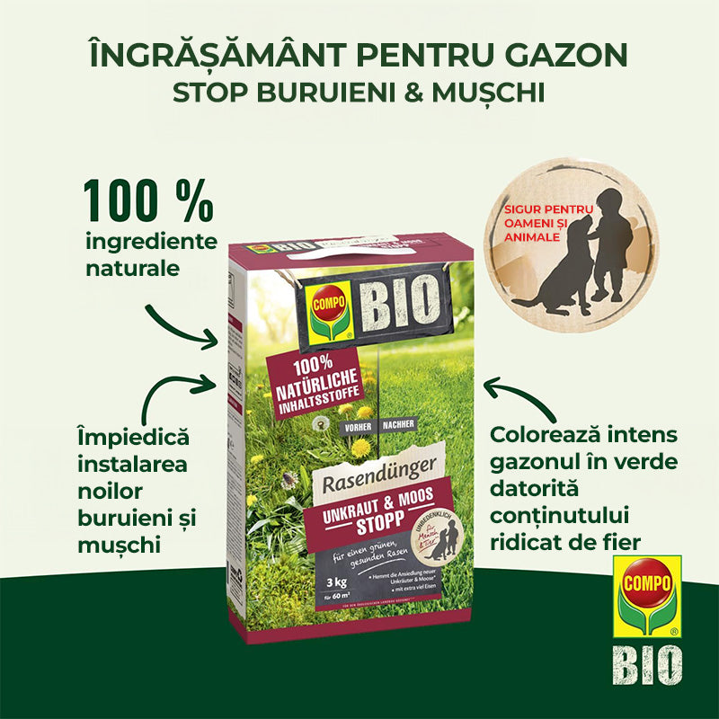 Ingrasamant Organic pentru Gazon impotriva Buruienilor si a Muschiului, 3 kg pentru 120 m², Efect de Lunga Durata, COMPO