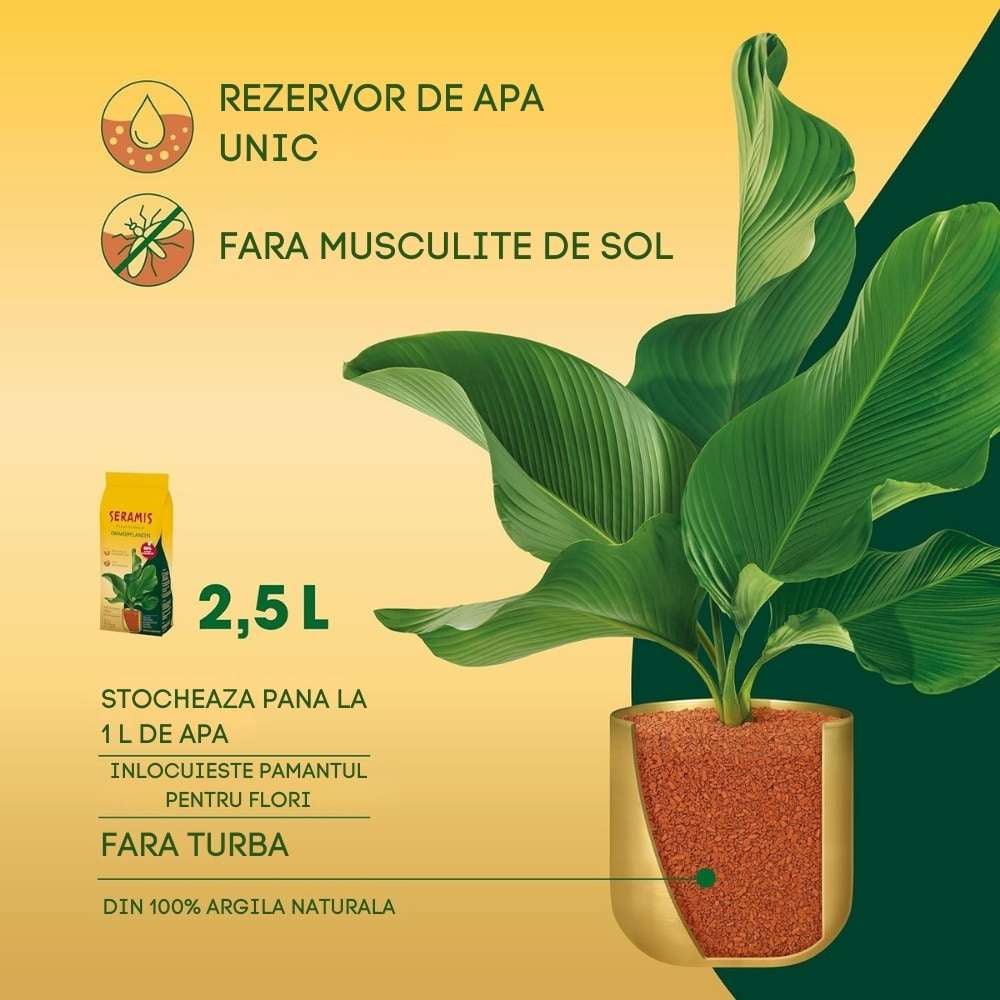 Granule argila SERAMIS pentru plante in ghiveci, substrat alternativ pentru flori, plante verzi si ierburi, 2.5 l