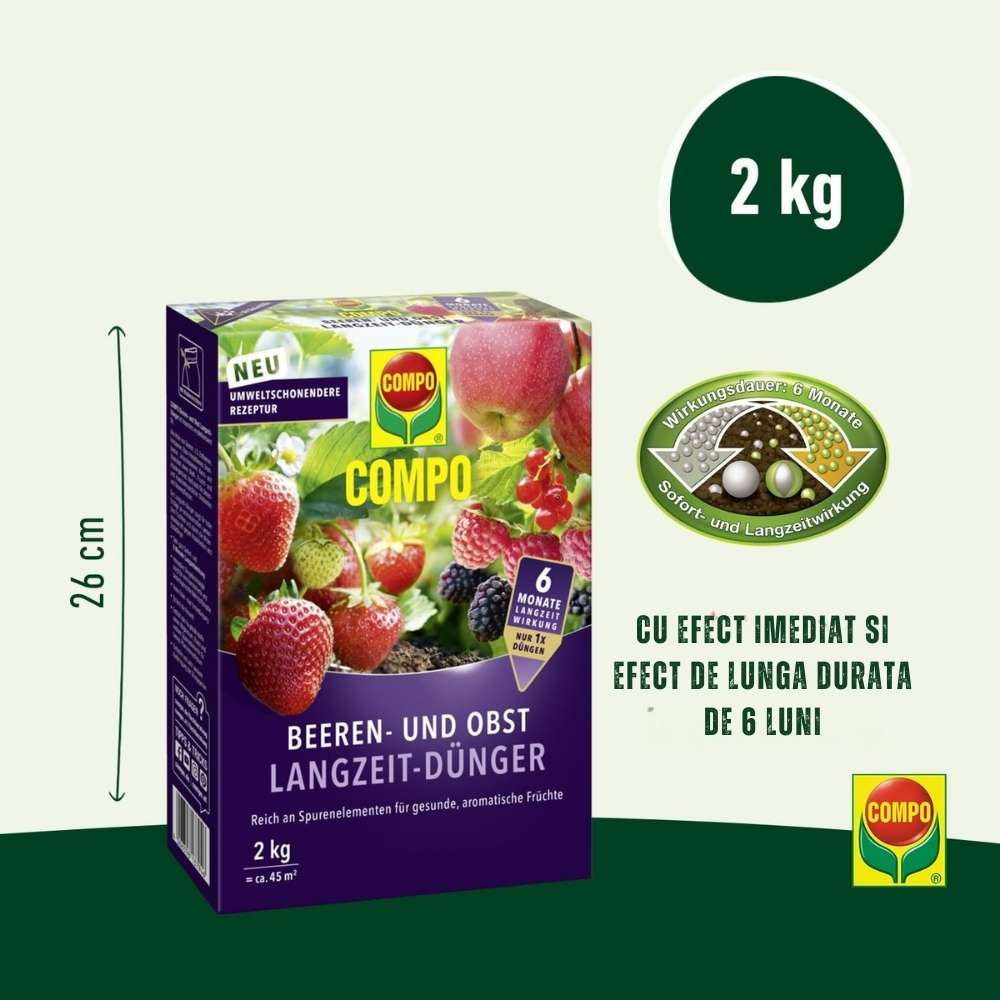 Ingrasamant granulat COMPO pentru fructe de padure si pomi fructiferi, efect de lunga durata 6 luni, 2 kg