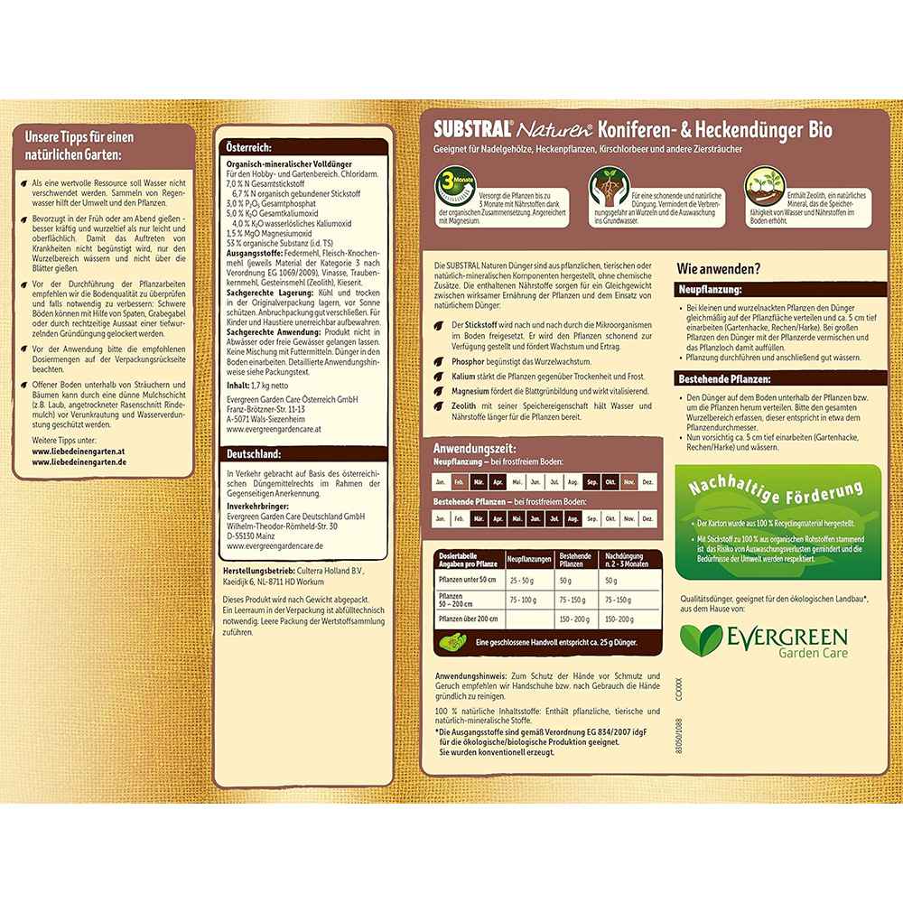 Ingrasamant conifere si gard viu SUBSTRAL Naturen, NPK 7-3-5 cu zeolit, 1.7 kg, fertilizant organic-mineral cu efect 3 luni