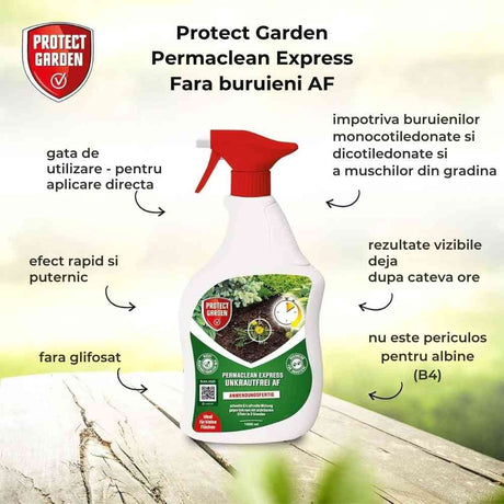 Тотален хербицид без глифосат PROTECT GARDEN Permaclean Express, готов за употреба, бързо действие, 10 кв.м, 1 л